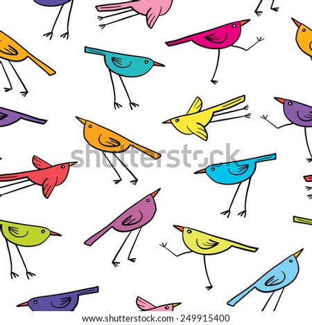 Seamless pattern with cute birds on white background. Cartoon colorful funny little birds.