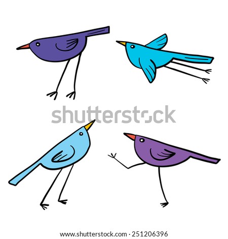 Set of 4 cute birds isolated in white in vector. Cartoon colorful funny little birds.