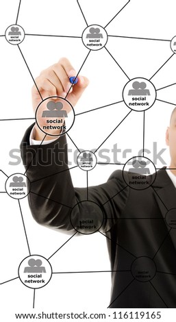 Businessman write Social Network diagram.