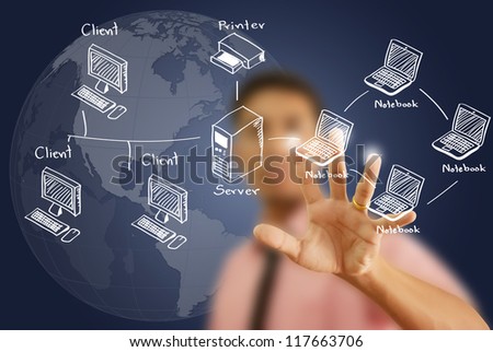 Businessman pushing LAN Network diagram on the Touchscreen Interface.