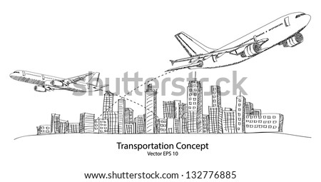Concept of Airplane, Air Craft Shipping Around the World for Transportation Concept Sketched Up outline, Vector Illustration EPS 10.