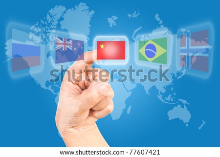 Single finger pressing China flag on world wide.