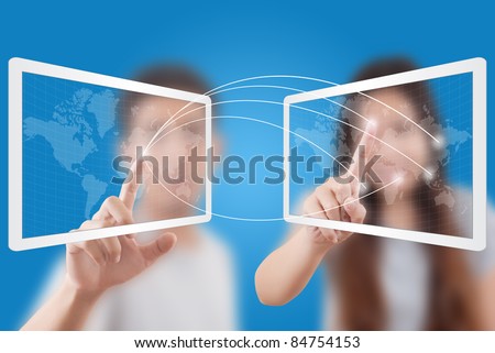 Asian man and lady pushing social network on tablet screen.