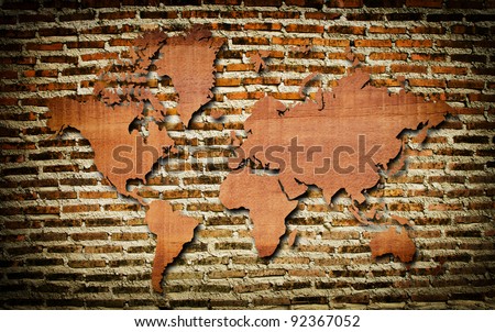 Vintage world map with vintage wall texture.