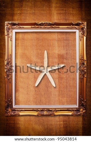 Photo frame on the wood texture with Star fish.