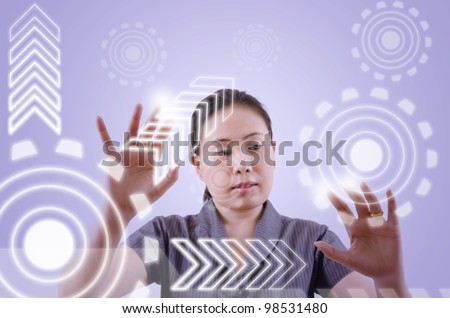 Business lady pushing digital button on touch screen interface.