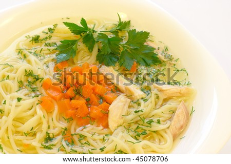 Portion of a chicken soup with spaghetti and single parsley twig