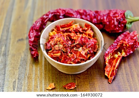 Red pepper flakes in a wooden bowl and a pod of dry red pepper on a wooden board