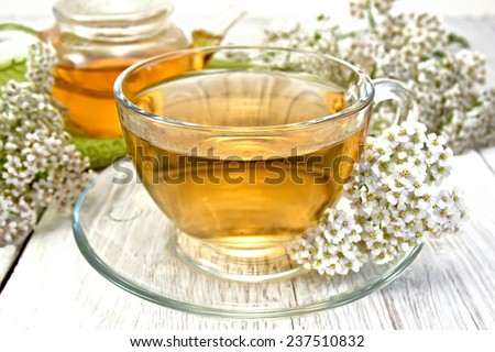 Yarrow tea in a glass cup and teapot, fresh yarrow flowers on a background of light board