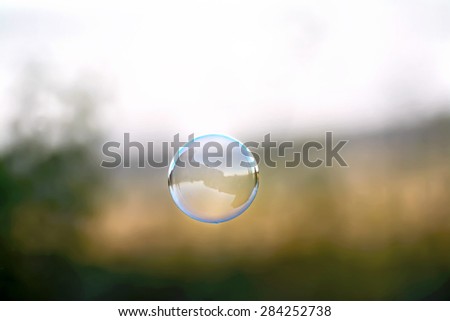 Soap bubble on the background of grass, trees and sky