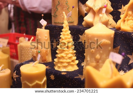 Natural wax handmade christmas candles on advent market stall