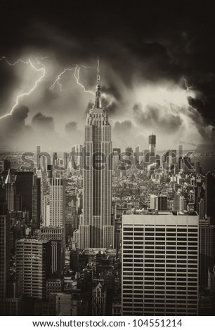 Black and White Skyline of Manhattan with office buildings skyscrapers, U.S.A.