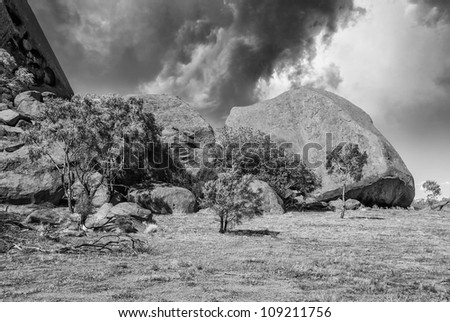 Dramatic black and white Sky above Australian Outback, Northern Territory