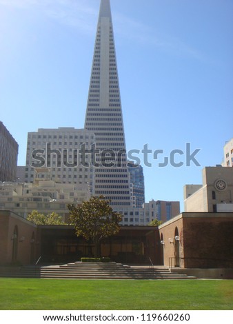 SAN FRANCISCO - SEP 20: Transamerica Pyramid view from street level, September 20, 2012 in San Francisco. It is the tallest skyscraper in the San Francisco skyline and one of its most iconic.