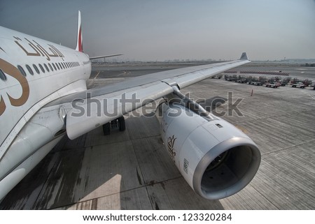 DUBAI - JUN 30: Emirates airplane ready for take-off, June 30, 2010 in Dubai. Emirates fleet carries more than 30 million passengers each year