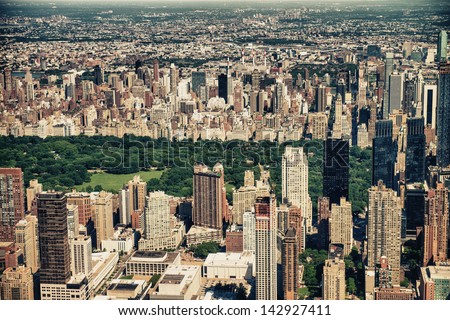 Panoramic Helicopter view of Central Park South and surrounding Skyscrapers, New York City.