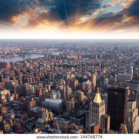 Aerial view of Gramercy and East Village at sunset, New York City.