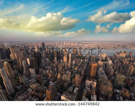 Manhattan skyline - Spectacular aerial view from the Empire State Building at sunset