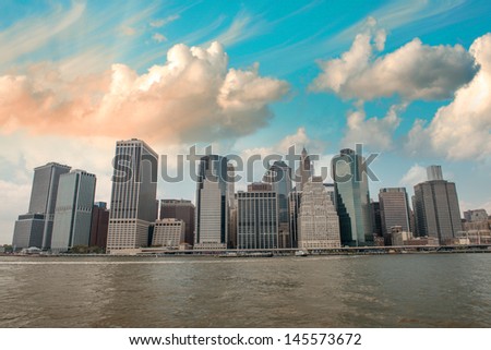 Buildings of Lower Manhattan as seen from East River - New York City.