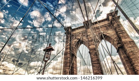 Brooklyn Bridge, New York City. Upward View With Beautiful Sky Colors.