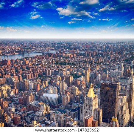 Aerial view of Gramercy and East Village at sunset, New York City.