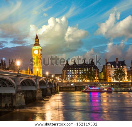 London.The Big Ben and Westminster Bridge at sunset England London.The Big Ben and Westminster Bridge at sunset England