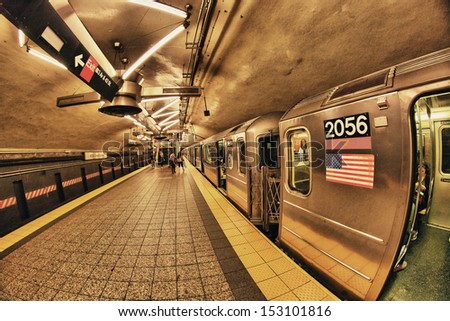 NEW YORK CITY - JUN11: City subway interior on June 11, 2013 in New York City. Subway system has 468 stations in operation