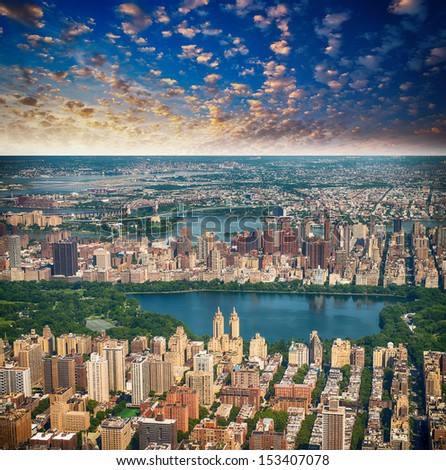Wonderful aerial view of Central Park, Jacqueline Kennedy Onassis Reservoir and surrounding Manhattan  Skyscrapers, New York City.