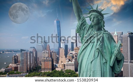 Statue of Liberty - Symbol of New York, with Full Moon, Manhattan in background