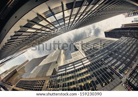 Beautiful Wide Angle Upward View Of Manhattan Skyscrapers From Street Level - New York City.