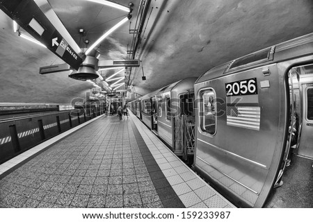 NEW YORK CITY - JUN 11: City subway interior on June 11, 2013 in New York City. Subway system has 468 stations in operation