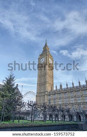 Westminster Abbey and Big Ben, beautiful view from street level - London.