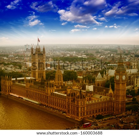 London, UK. Houses of Parliament and Big Ben, beautiful aerial view at sunset.