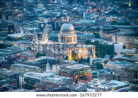 London. Stunning Aerial View Of St. Paul Cathedral And City Skyline At Dusk.