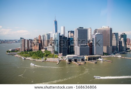 Helicopter view of Lower Manhattan on a beautiful summer afternoon - New York.