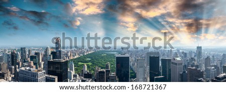 Panoramic Aerial View Of Central Park And Surrounding Buildings - Manhattan, New York.