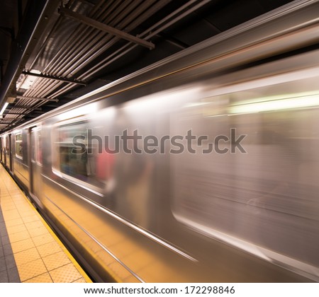 New York City. Subway train arriving in the station.