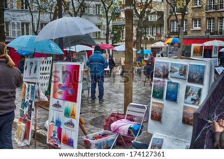 Paris, France - Dec 5: Place Du Tertre Is Central Square Of Montmartre With Many Artists. They Offer To Paint You Portrait With Cost Around 80 Euro In Paris, France On December 5, 2012.