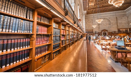 NEW YORK CITY - JUN 15, 2013: Interior of Manhattan Public Library. With nearly 53 million items, the New York Public Library is the second largest public library in the United States.