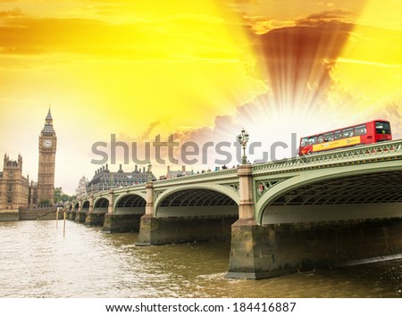 Sunset sky over Westminster Bridge with Double Decker Bus - London.