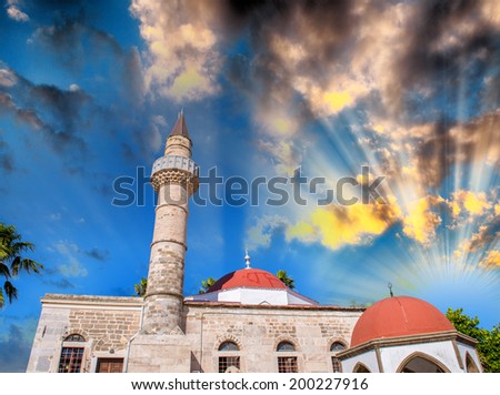 Old islamic church building with mosque and minaret tower in Kos island in Greece.