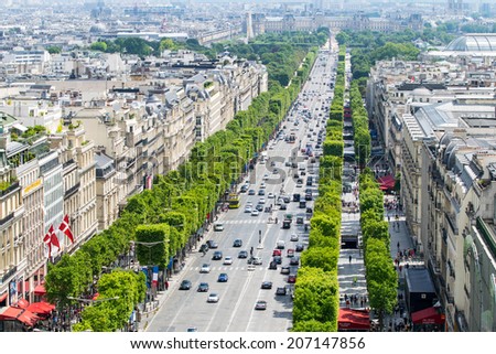 PARIS - JULY 21, 2014: Aerial view of Champs Elysees street. The street is one of the most expensive strips of real estate in the world.