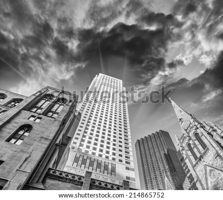Manhattan, New York. Classic city skyscrapers view from street level.