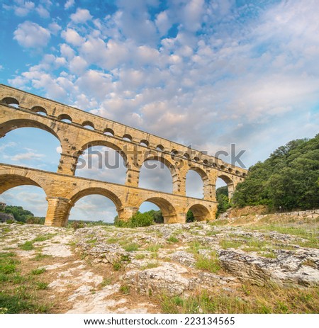 The picturesque nature of southern France with its famous landmark roman bridge Pont du Gard, located near Avignon, France.