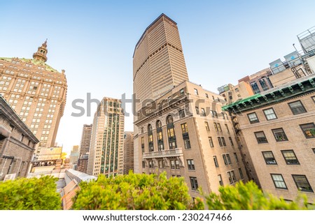 Buildings and roof garden in Manhattan. Amazing view at sunset in New York City.