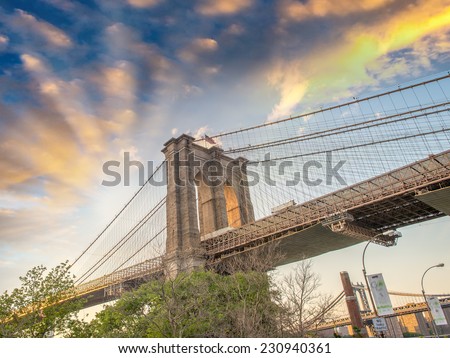 The Brooklyn Bridge at sunset as seen from Brooklyn streets - New York.
