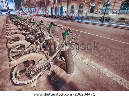PARIS, FRANCE - NOVEMBER 27: Some bicycles of the Velib bike rental service in Paris, France on November 27, 2012. With the biking sharing service people can rent bicycles for short trips.