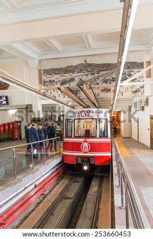 ISTANBUL - OCTOBER 27, 2014: Istanbul tunnel train in Beyoglu. This one-stop funicular climbs the steeply uphill for 500 meters from Karakoy to Tunnel Square.