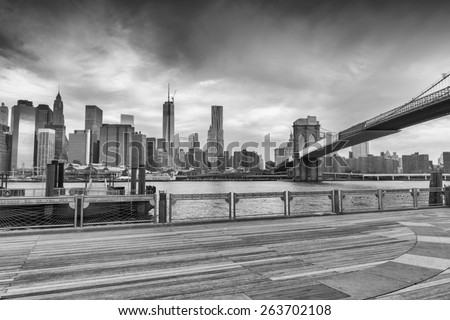 Black and white view of Manhattan from Brooklyn Bridge Park, New York.