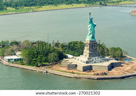 Helicopter view of Statue of Liberty.